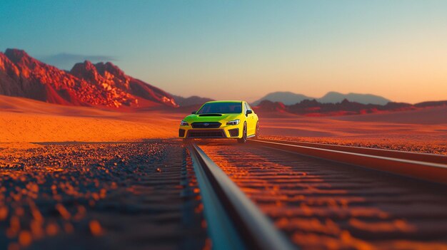 Photo a yellow car driving down a desert road with mountains in the background