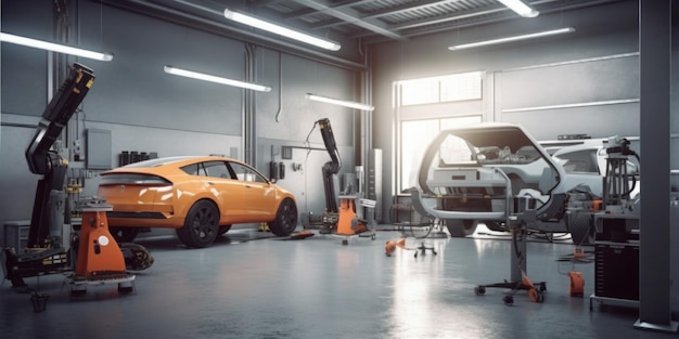 A yellow car in a garage