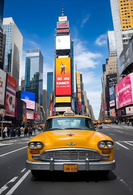 Photo a yellow car is driving down a busy street with a billboard for samsung