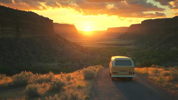 Photo a yellow car is driving down a dirt road with a sunset in the background