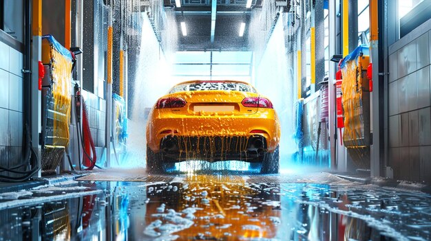 Photo a yellow car is driving through a tunnel that has a water splash on it