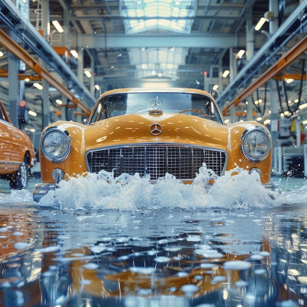 Photo a yellow car is driving through a water way