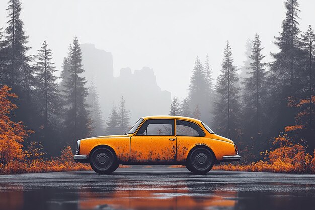 Photo a yellow car is parked in a field with trees in the background