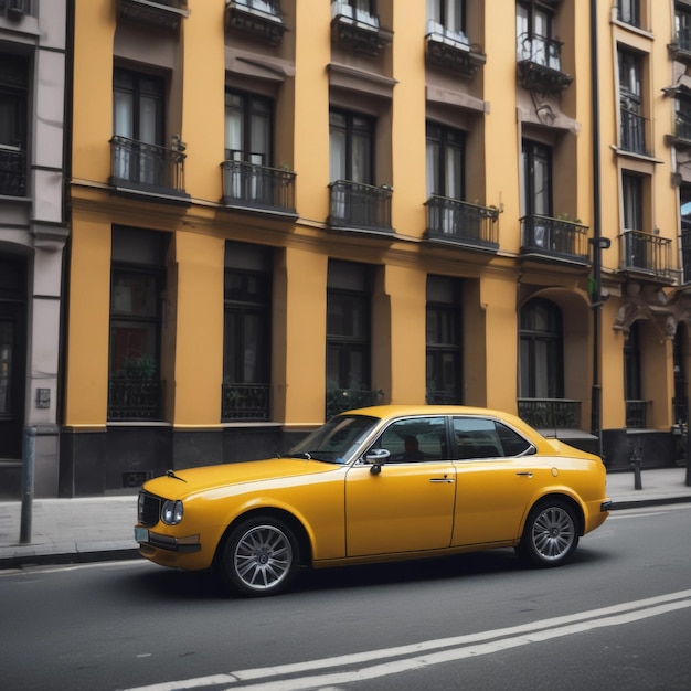 Photo yellow car running on the street between the building during