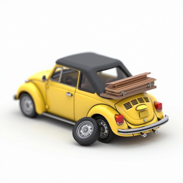 Photo a yellow car with a black roof is shown with a wooden object on top