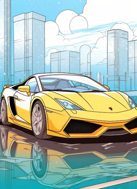 a yellow car with a black tire is sitting in front of a cityscape