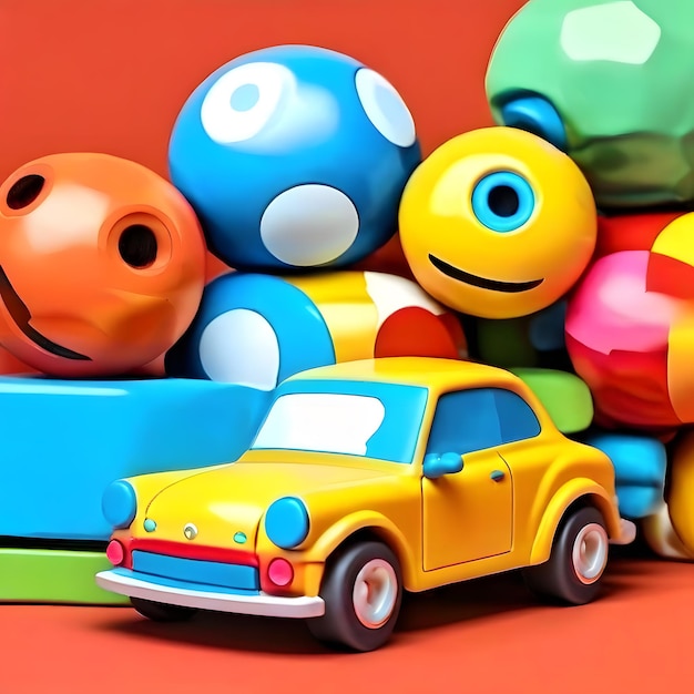 a yellow car with a face on it is surrounded by other toys