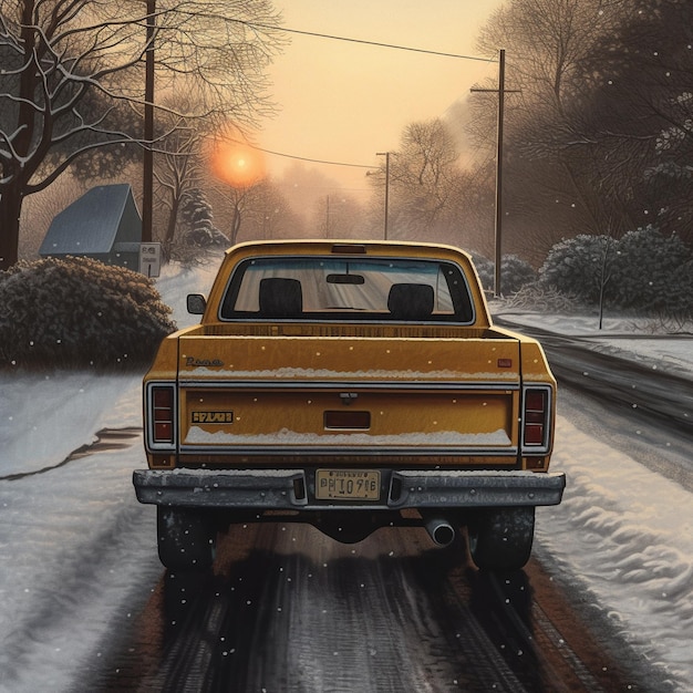 a yellow car with the license plate number 3998 on it is driving down a snowy street.