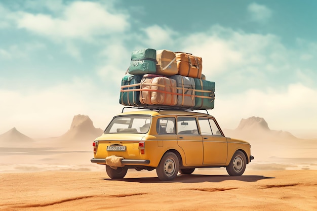 A yellow car with a lot of luggage on top of it