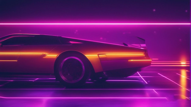 Photo a yellow car with a purple background and purple lights