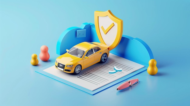 Yellow Car with Shield D Vector Car Insurance Concept