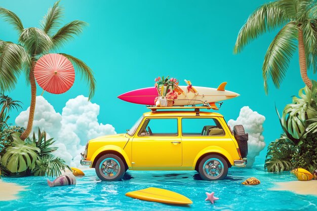 Photo a yellow car with surfboards on top of it with a surfboard on top of it