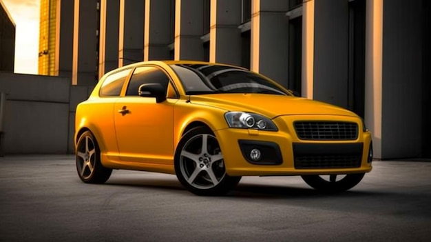 A yellow car with the word nissan on the front.