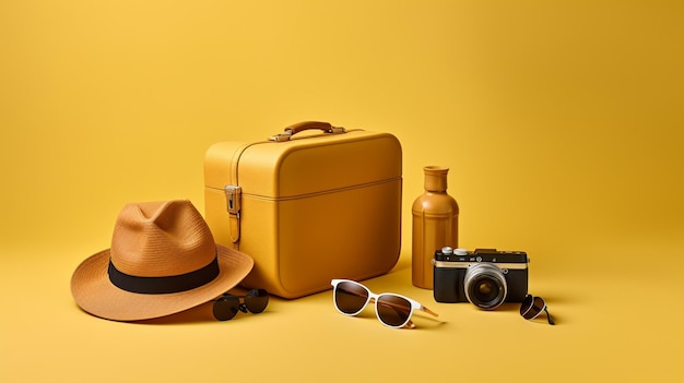 A yellow case with a hat, sunglasses, a camera, and a camera on a yellow background.