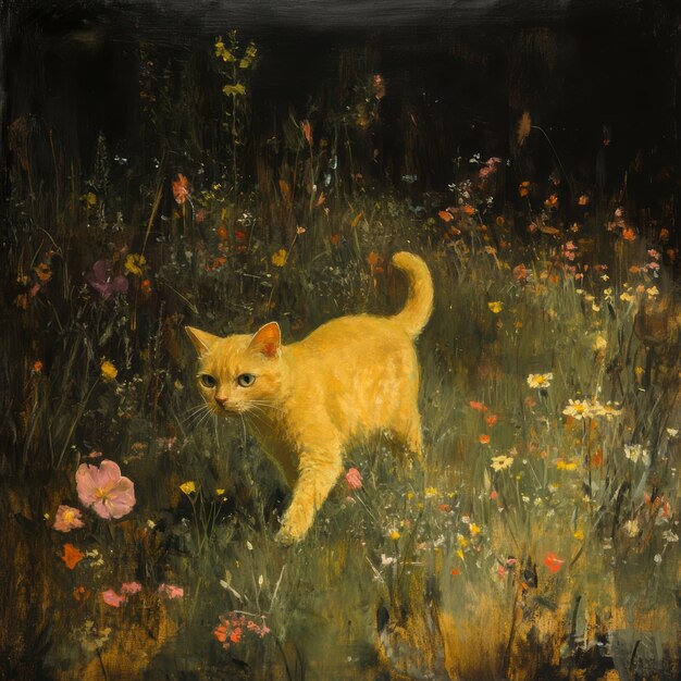 Photo a yellow cat in a field of flowers and a butterfly