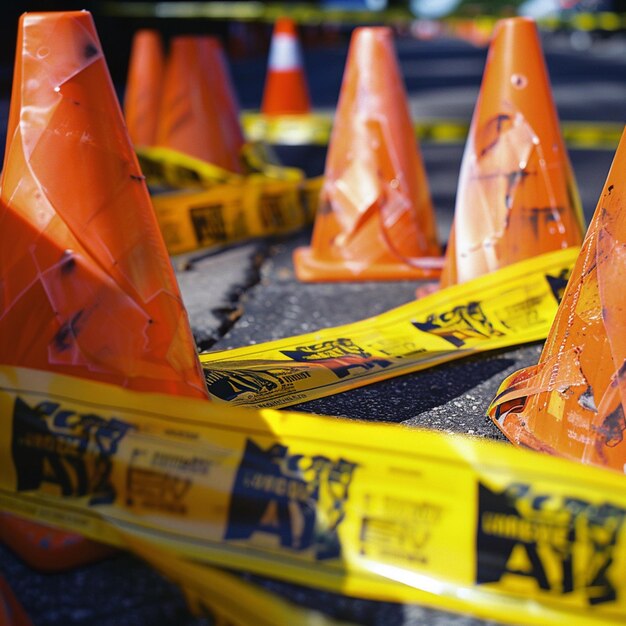 a yellow caution cone is laying on a table with caution tape