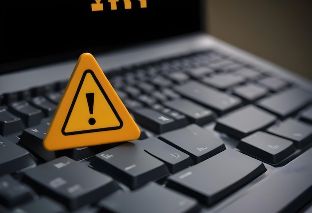 a yellow caution sign on a laptop keyboard