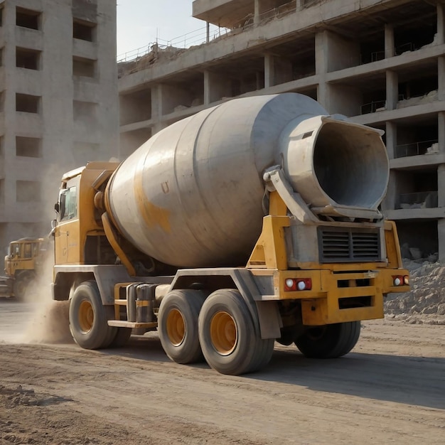 Photo yellow cement mixer truck in front of building under construction construction machinery