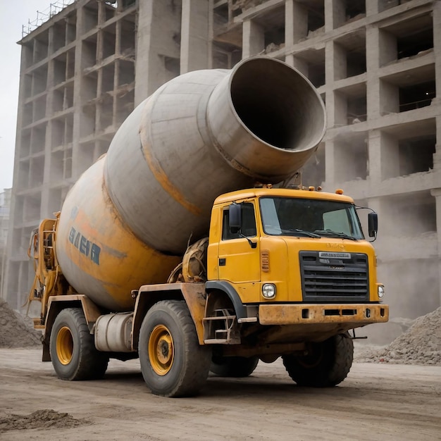 Yellow cement mixer truck in front of building under construction construction machinery