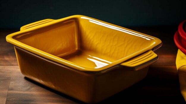 A yellow ceramic dish with a yellow lid sits on a table.