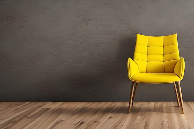 A yellow chair in a dark room with a dark grey wall behind it.