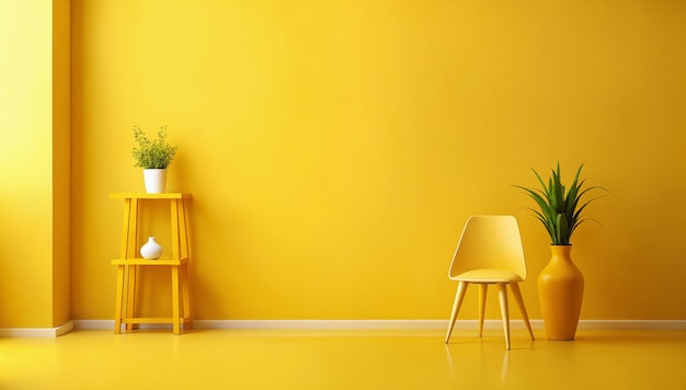 Photo yellow chair and furniture in room with vivid yellow wall beautiful minimalistic interior background