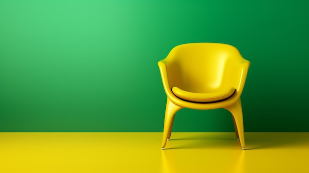 a yellow chair is standing in front of a green wall