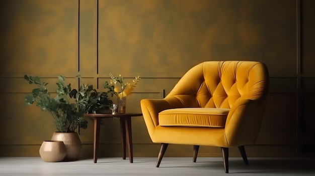 A yellow chair in a living room with a plant on the table.