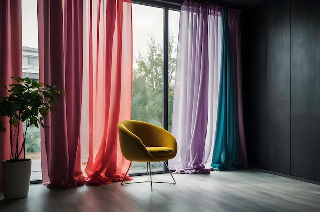 Photo a yellow chair placed in front of a window with beautiful colorful curtains