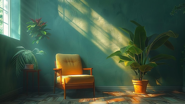 a yellow chair and a potted plant are in a room with a green wall and a plant in the background