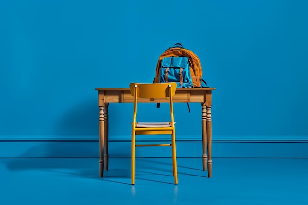 Photo a yellow chair sits in front of a blue wall with a backpack on it