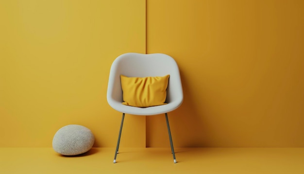 A yellow chair with a pillow on it