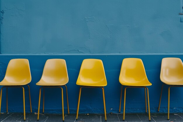 Yellow chairs lined up against a blue wall