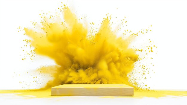 Yellow Chalk Explosion Behind Podium on White Background