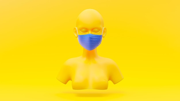 Yellow character wearing blue medical or surgical mask. Minimal idea concept, 3D Render.