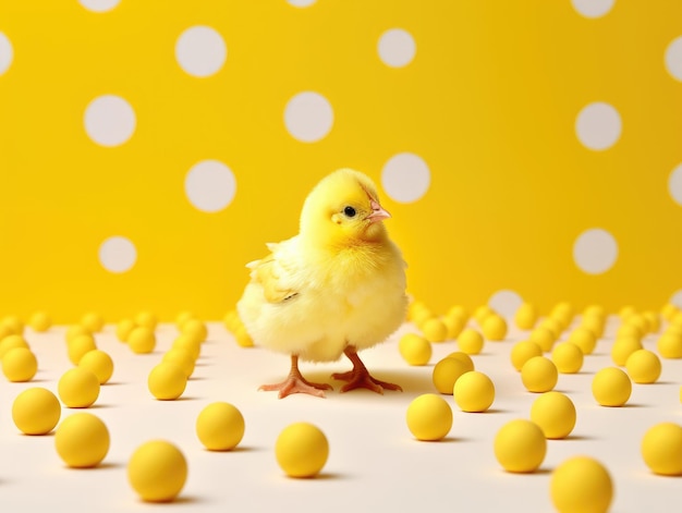 Yellow chick and yellow balls on yellow polka dot background mega realistic ai