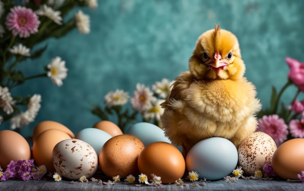 Yellow chicken is surrounded by dozen or so eggs both brown and blue in flowery nest Generative AI