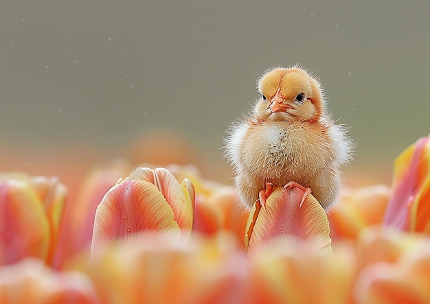 a yellow chicken sits on a flower bed with the rain falling on it