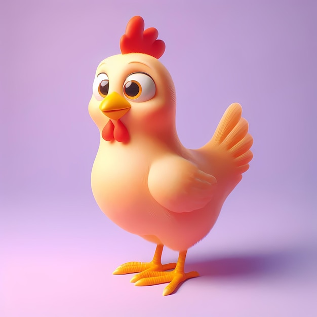 a yellow chicken with a red beak is standing on a purple background