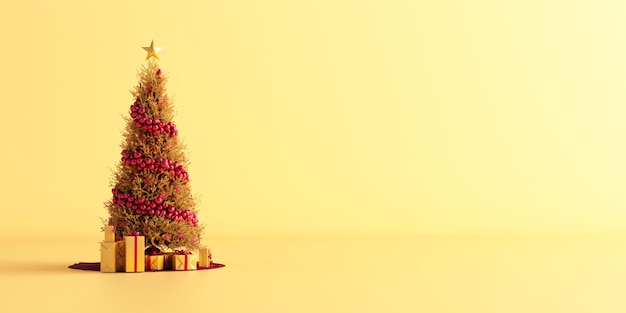 Yellow Christmas tree with red balls and gold gifts box, yellow background.. 3d rendering