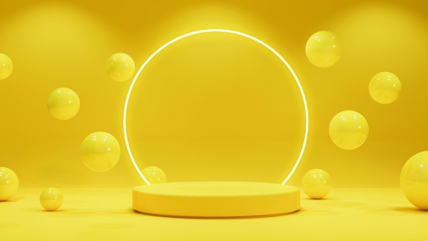 Yellow circular podium 3D render with minimal background and balls flying around 3D Illustration