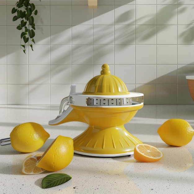 Photo yellow citrus juicer with lemons on a counter