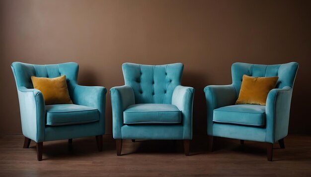 Photo yellow classic tufted chair among orange chairs are standing in an empty room with copy spaceorange