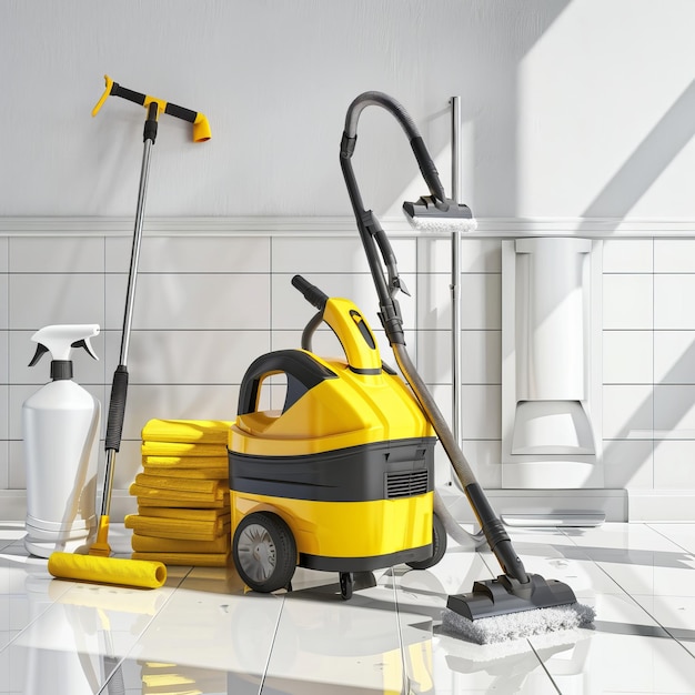 a yellow cleaning brush is sitting on a table with a yellow vacuum cleaner