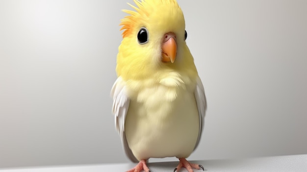 A yellow cockatiel with a black eye and a black nose.