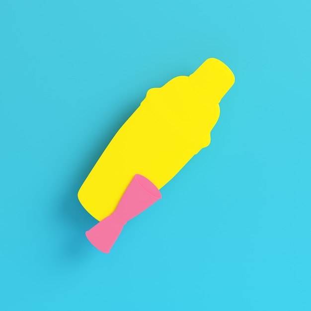 Yellow cocktail shaker with jigger on bright blue background in pastel colors. Minimalism concept. 3d render