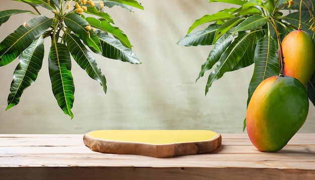 A yellow coffee cake on a wooden table with a plant behind it