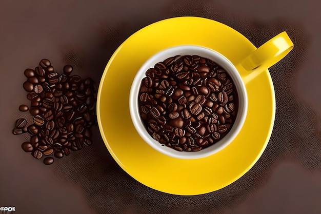 A yellow coffee cup is on a yellow saucer next to a coffee beans.