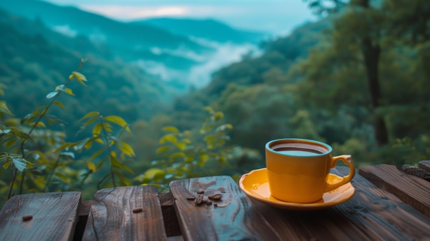 Yellow coffee cup on a rustic wooden table overlooking a lush green valley perfect for a serene morning