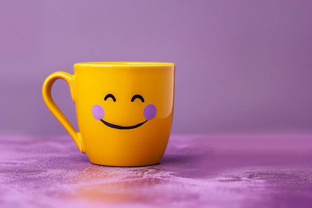 Photo yellow coffee cup smiling face on purple background